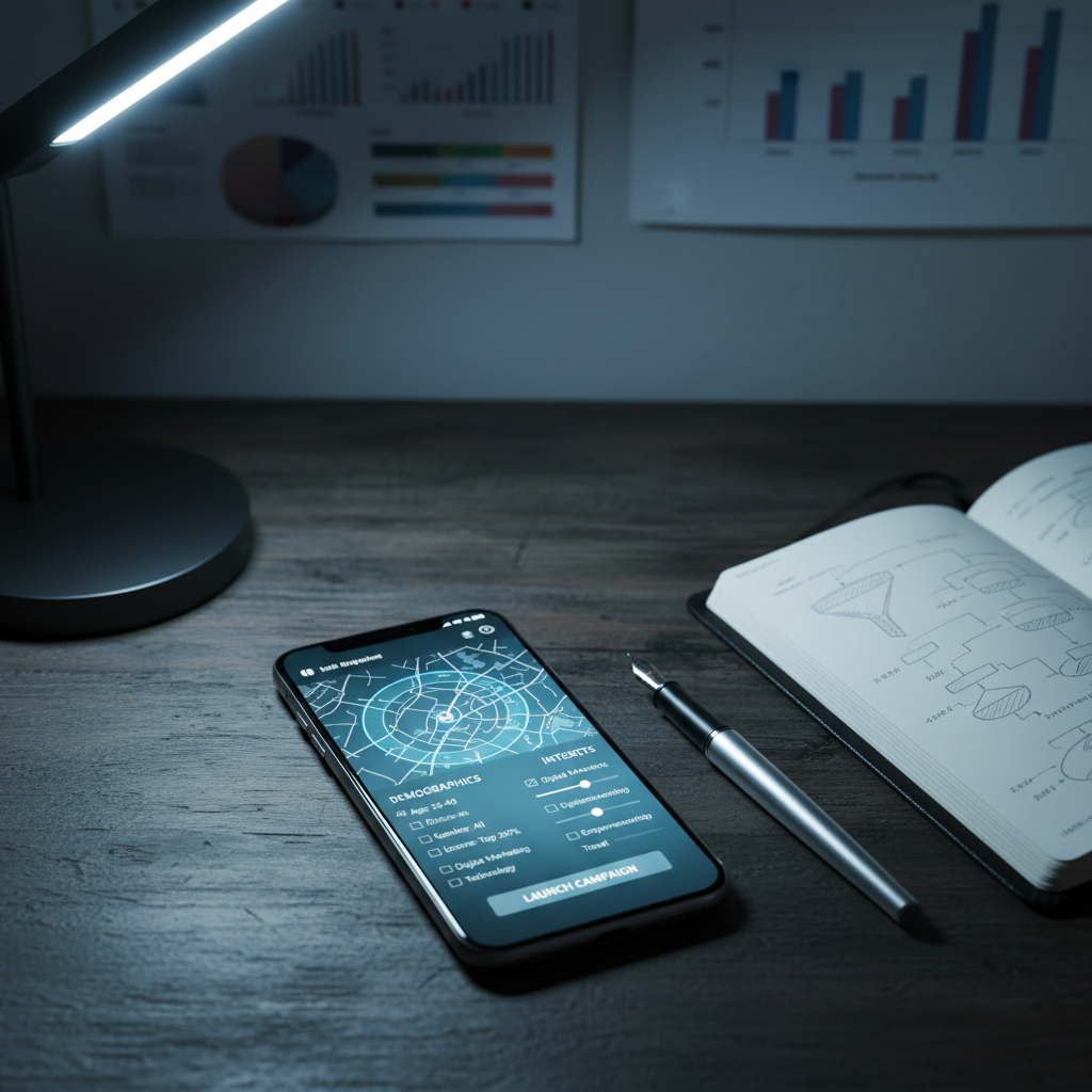 A close-up of a smartphone on a dark, textured desk surface, its bright screen showing a precise targeting interface with location radius, demographic filters, and interests selected for a paid traffic campaign. Beside the phone lies a silver pen aligned with a slim black notebook that has faintly visible funnel sketches on its open page. A modern LED desk lamp from the side casts focused, cool-toned light, creating crisp shadows and reflections on the glass screen. The background falls into soft bokeh, hinting at blurred charts pinned to a wall. Photographic realism, shot from a slightly elevated angle, conveys strategic precision, control, and data-driven professionalism in traffic management.