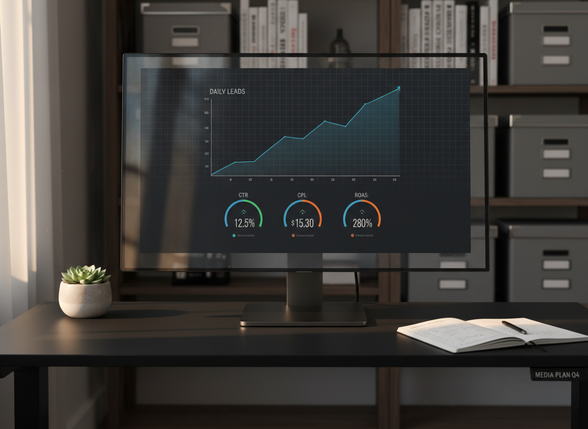 A large, crisp computer screen prominently displaying a line graph of daily leads sharply trending upward, with key metrics like CTR, CPL, and ROAS clearly labeled in a contemporary dashboard layout. The monitor stands on a matte black standing desk, accompanied by a small potted plant and a minimalist notebook with a printed media plan partially visible. Late afternoon golden light enters from the side, catching the edges of the monitor and creating soft, warm reflections on the desk surface. The background shows blurred shelves with neatly stacked marketing books and closed storage boxes. The composition uses the rule of thirds with a medium depth of field, conveying growth, reliability, and measurable results through photorealistic, professional design.