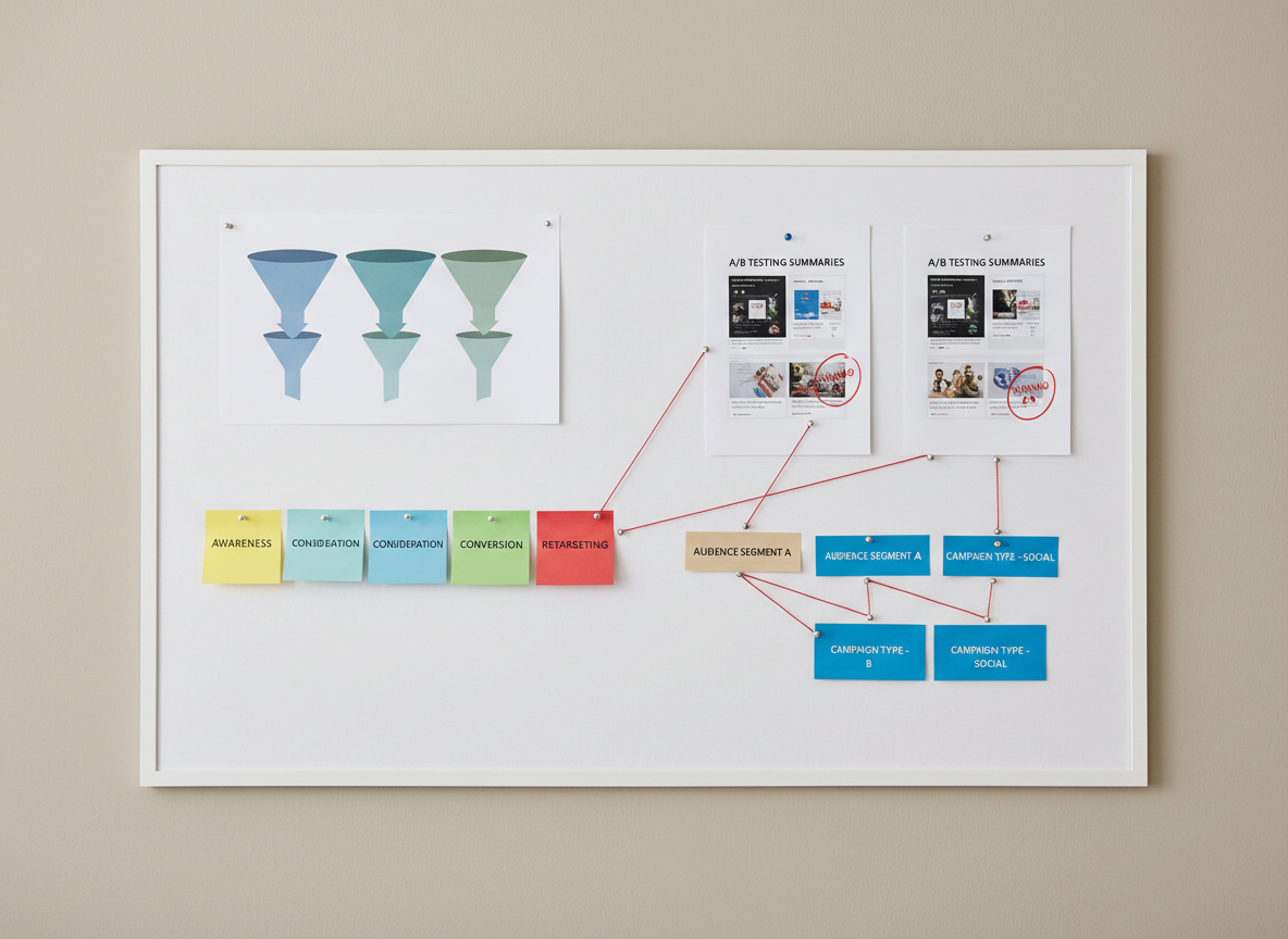 A clean, white corkboard mounted on a neutral wall, filled with neatly pinned elements of a traffic management strategy: printed funnel diagrams, color-coded sticky notes labeled awareness, consideration, conversion, and retargeting, and small printed A/B testing summaries with winning ads circled. Thin red string subtly connects audience segments to specific campaign types, creating a visual map of strategy. Soft, diffused daylight from above and slightly to the left gives a gentle, even illumination with minimal shadows. Captured straight-on with sharp focus across the board, the photographic image feels organized, methodical, and analytical, aligning with a professional, strategic approach to paid traffic for lead generation.
