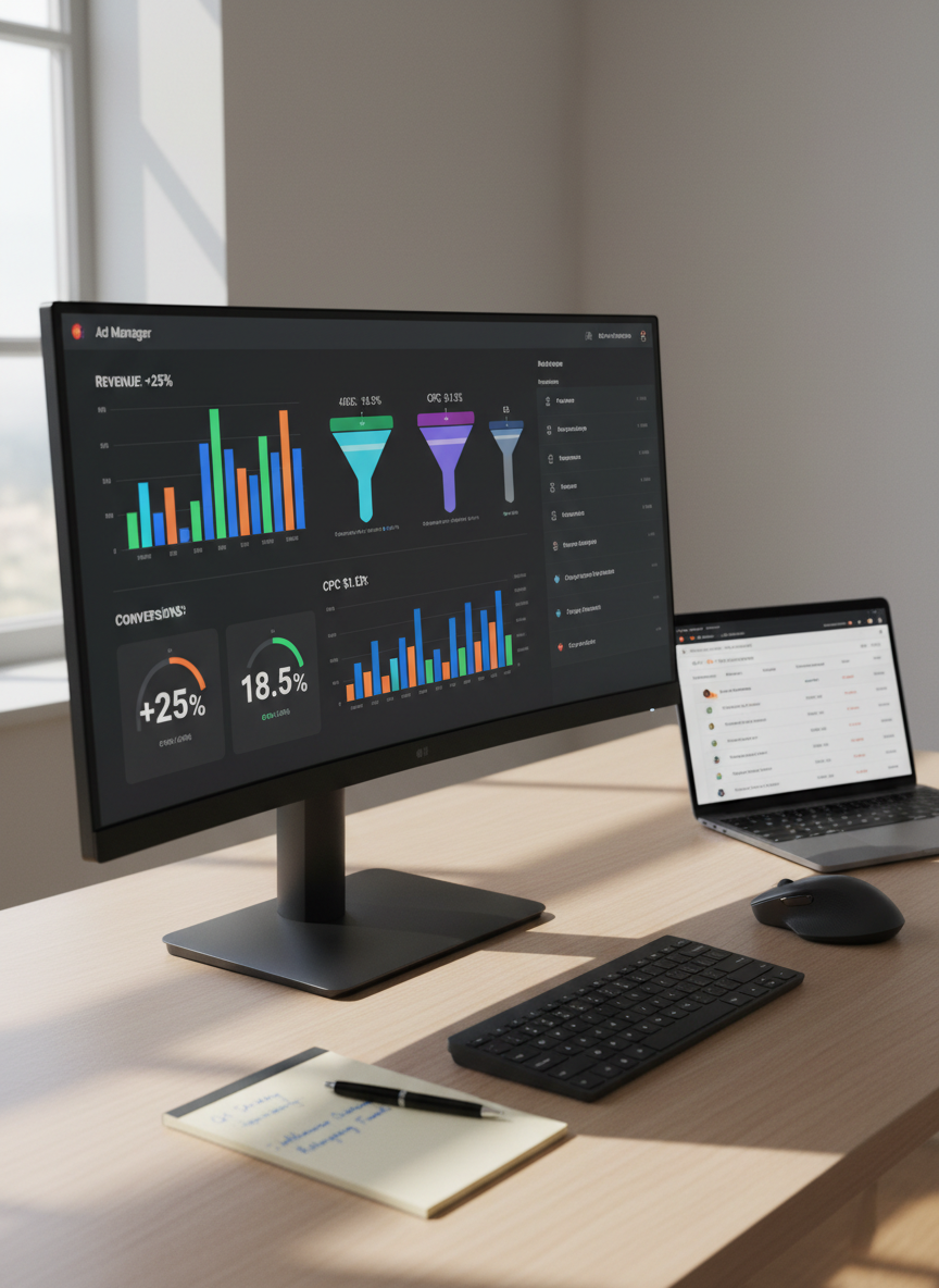 A sleek, ultra-wide computer monitor displaying a clean analytics dashboard with colorful graphs, conversion funnels, and clear KPIs, placed on a minimalist wooden desk. Next to it, an open laptop shows an ad manager interface with active campaigns and CPC metrics. The workspace is organized with a dark wireless keyboard, mouse, and a small notepad with neatly written campaign ideas. Soft daylight from a large unseen window washes over the scene, creating subtle reflections on the monitor and gentle shadows on the desk. Shot at eye level with a shallow depth of field, the focus is on the glowing data screens. The mood is professional, focused, and modern, with photographic realism and a clean, high-end marketing agency aesthetic.