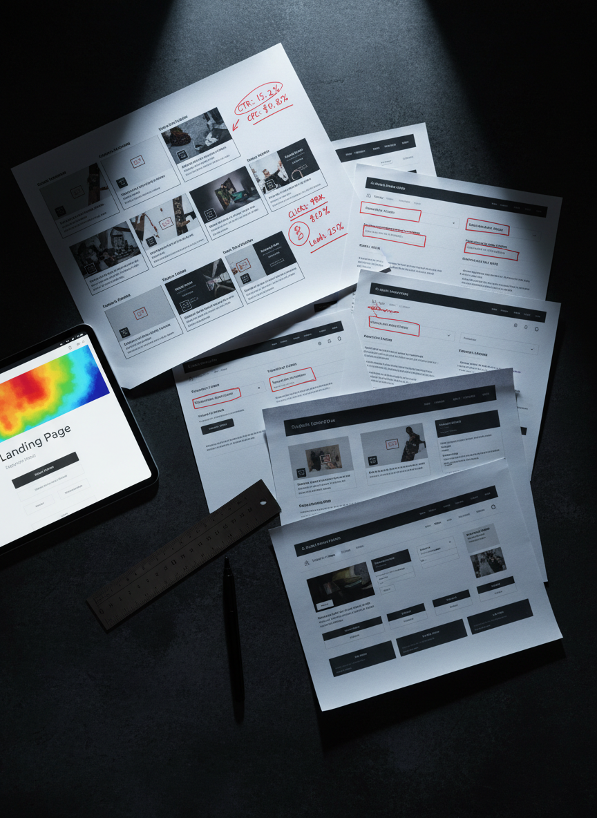 A high-contrast, photorealistic overhead shot of a dark desktop where several printed ad creatives are laid out: carousel mockups, search ad snippets, and landing page previews, each with performance annotations in red ink like CTR, CPC, and leads generated. A tablet on one side shows a heatmap of a landing page, with vivid color gradients indicating user behavior. Nearby, a slim ruler and fine-tip marker rest diagonally, suggesting ongoing optimization. A focused, cool-toned spotlight from above defines precise shadows and emphasizes the textures of the paper and tablet glass. The mood is analytical and experimental, with a modern, data-obsessed aesthetic suited to advanced traffic management work.